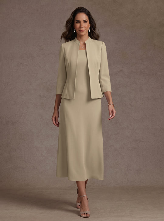 Robe Mère de la Mariée, 2 Pièces, Gaine/Colonne, Col Carré, Satin Élastique, Manches 3/4, Longueur du Thé