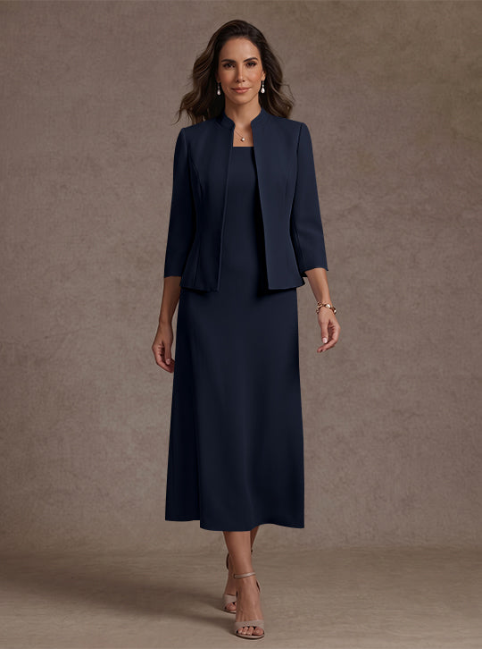Robe Mère de la Mariée, 2 Pièces, Gaine/Colonne, Col Carré, Satin Élastique, Manches 3/4, Longueur du Thé