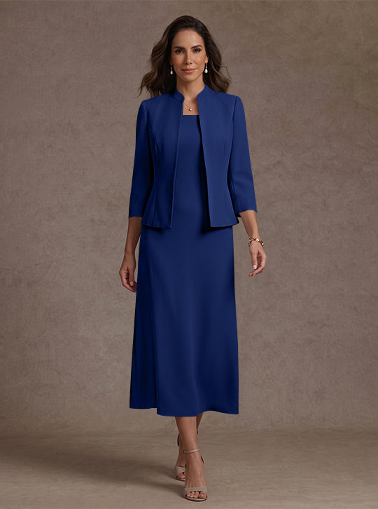 Robe Mère de la Mariée, 2 Pièces, Gaine/Colonne, Col Carré, Satin Élastique, Manches 3/4, Longueur du Thé