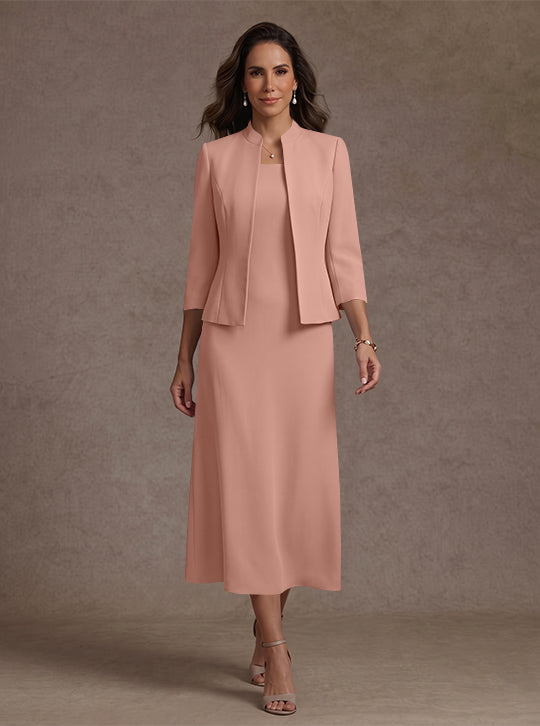 Robe Mère de la Mariée, 2 Pièces, Gaine/Colonne, Col Carré, Satin Élastique, Manches 3/4, Longueur du Thé
