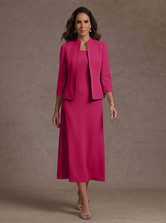 Robe Mère de la Mariée, 2 Pièces, Gaine/Colonne, Col Carré, Satin Élastique, Manches 3/4, Longueur du Thé