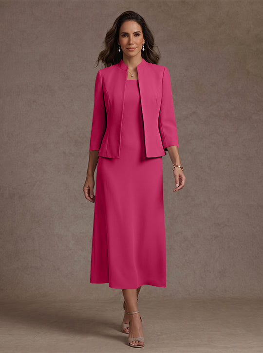 Robe Mère de la Mariée, 2 Pièces, Gaine/Colonne, Col Carré, Satin Élastique, Manches 3/4, Longueur du Thé