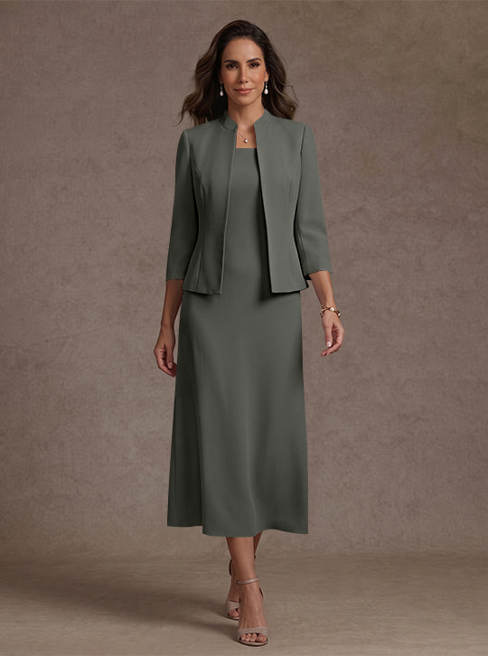 Robe Mère de la Mariée, 2 Pièces, Gaine/Colonne, Col Carré, Satin Élastique, Manches 3/4, Longueur du Thé