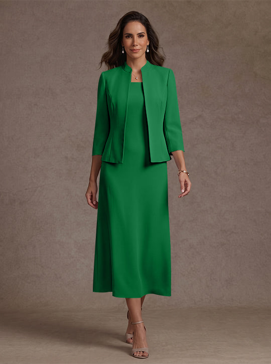 Robe Mère de la Mariée, 2 Pièces, Gaine/Colonne, Col Carré, Satin Élastique, Manches 3/4, Longueur du Thé