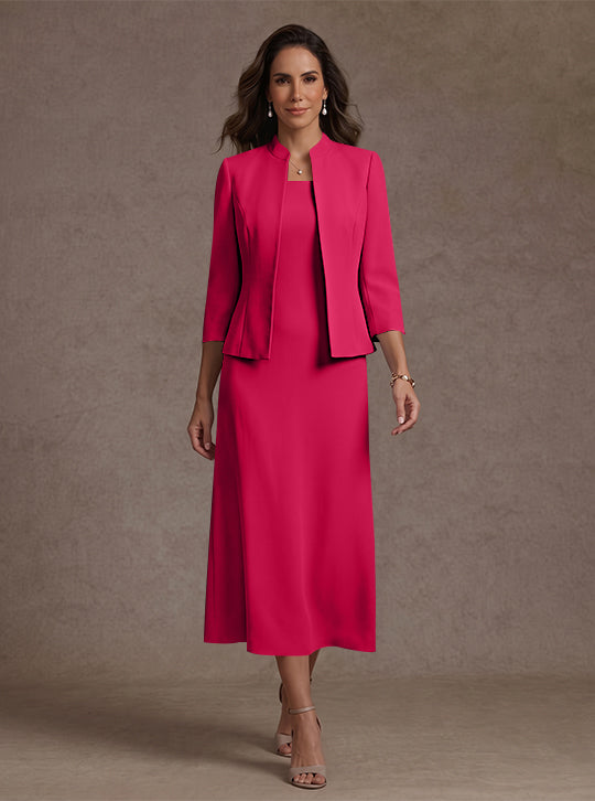 Robe Mère de la Mariée, 2 Pièces, Gaine/Colonne, Col Carré, Satin Élastique, Manches 3/4, Longueur du Thé