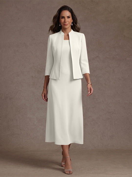 Robe Mère de la Mariée, 2 Pièces, Gaine/Colonne, Col Carré, Satin Élastique, Manches 3/4, Longueur du Thé