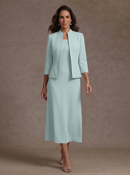 Robe Mère de la Mariée, 2 Pièces, Gaine/Colonne, Col Carré, Satin Élastique, Manches 3/4, Longueur du Thé