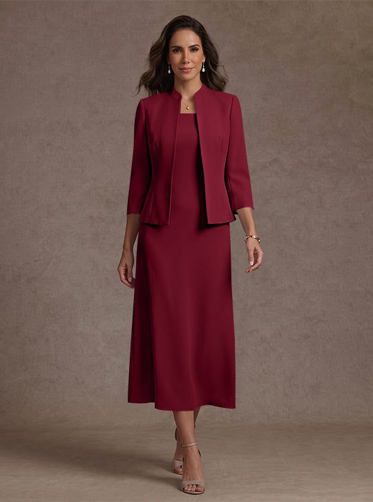 Robe Mère de la Mariée, 2 Pièces, Gaine/Colonne, Col Carré, Satin Élastique, Manches 3/4, Longueur du Thé