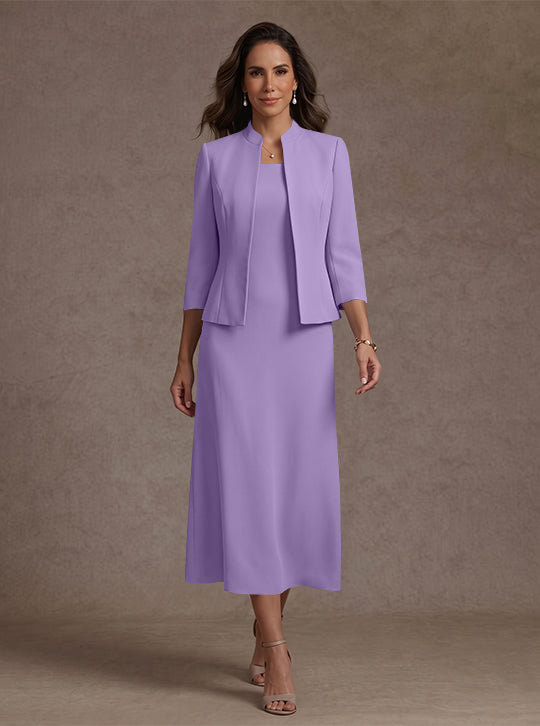 Robe Mère de la Mariée, 2 Pièces, Gaine/Colonne, Col Carré, Satin Élastique, Manches 3/4, Longueur du Thé