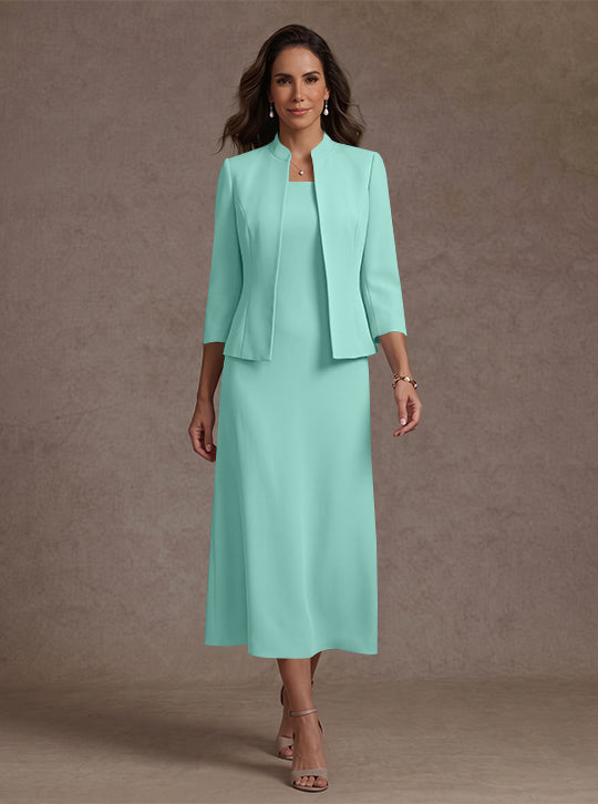 Robe Mère de la Mariée, 2 Pièces, Gaine/Colonne, Col Carré, Satin Élastique, Manches 3/4, Longueur du Thé