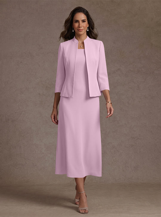 Robe Mère de la Mariée, 2 Pièces, Gaine/Colonne, Col Carré, Satin Élastique, Manches 3/4, Longueur du Thé