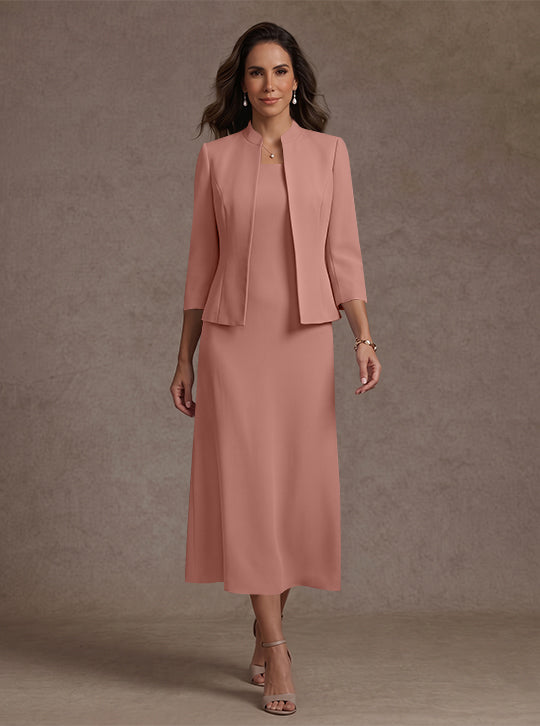 Robe Mère de la Mariée, 2 Pièces, Gaine/Colonne, Col Carré, Satin Élastique, Manches 3/4, Longueur du Thé