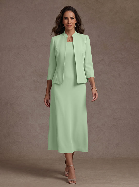 Robe Mère de la Mariée, 2 Pièces, Gaine/Colonne, Col Carré, Satin Élastique, Manches 3/4, Longueur du Thé