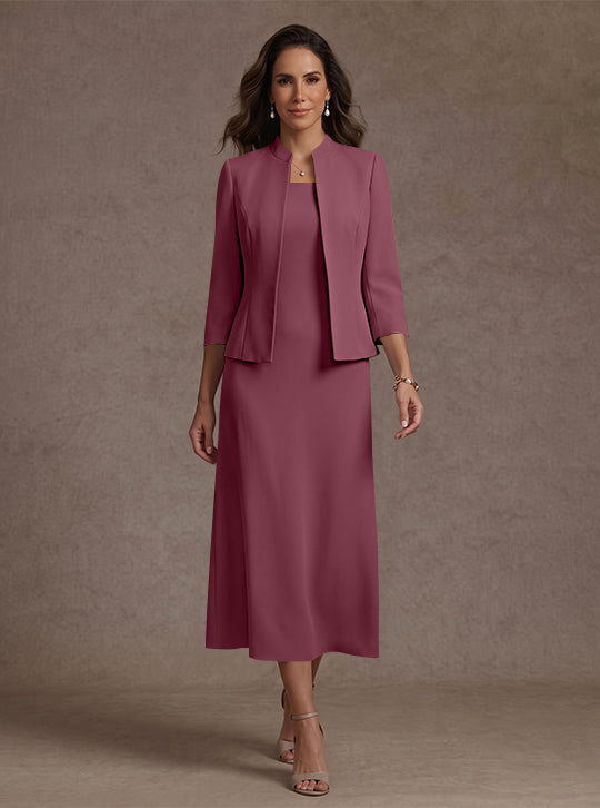 Robe Mère de la Mariée, 2 Pièces, Gaine/Colonne, Col Carré, Satin Élastique, Manches 3/4, Longueur du Thé