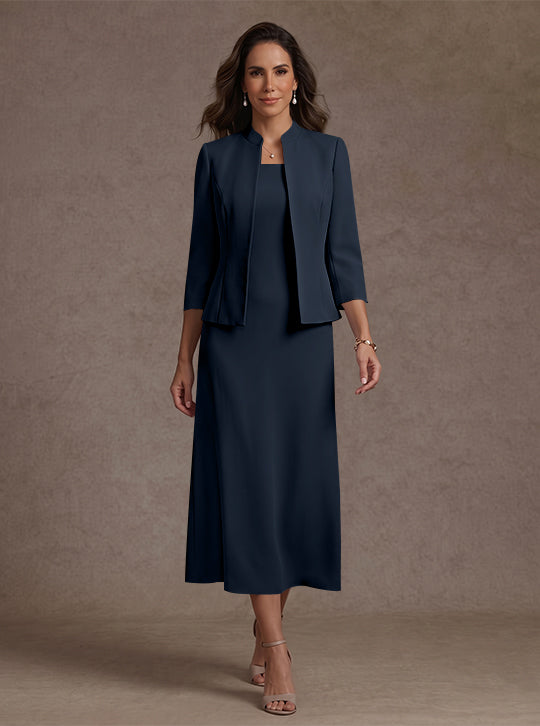 Robe Mère de la Mariée, 2 Pièces, Gaine/Colonne, Col Carré, Satin Élastique, Manches 3/4, Longueur du Thé