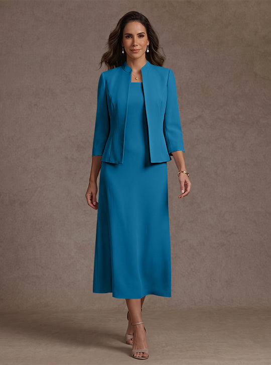 Robe Mère de la Mariée, 2 Pièces, Gaine/Colonne, Col Carré, Satin Élastique, Manches 3/4, Longueur du Thé