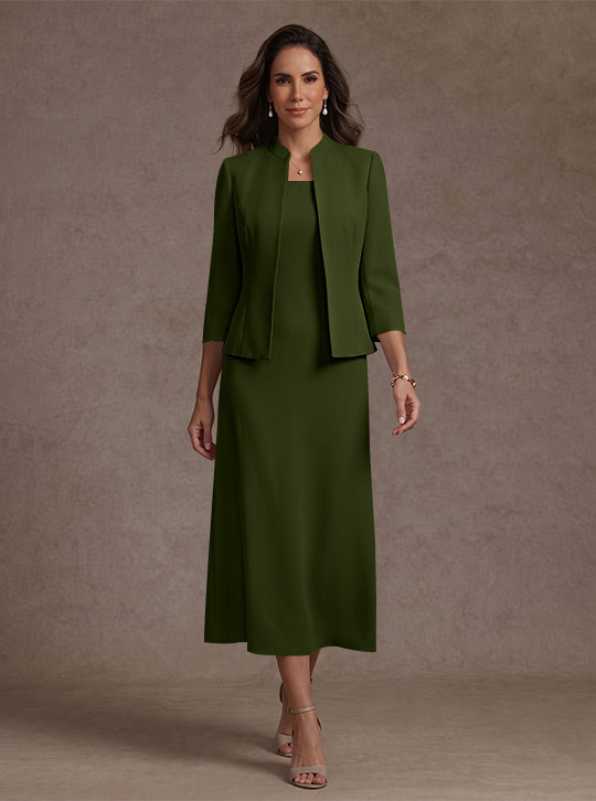 Robe Mère de la Mariée, 2 Pièces, Gaine/Colonne, Col Carré, Satin Élastique, Manches 3/4, Longueur du Thé