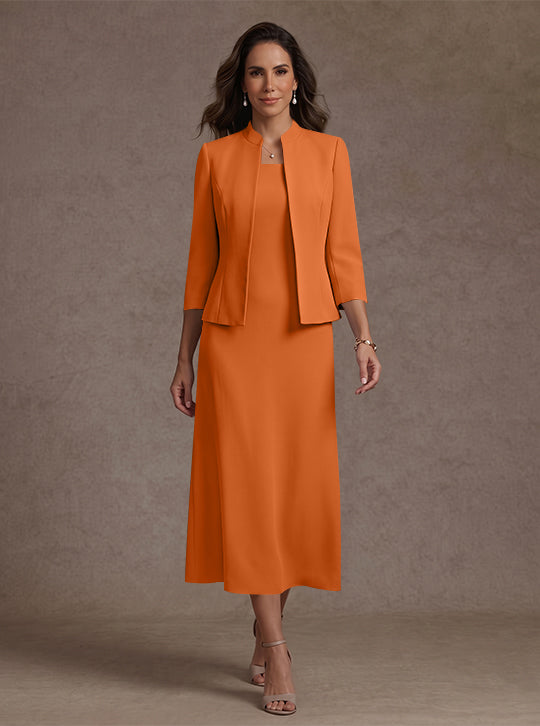 Robe Mère de la Mariée, 2 Pièces, Gaine/Colonne, Col Carré, Satin Élastique, Manches 3/4, Longueur du Thé