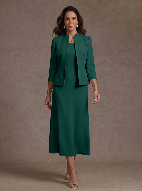 Robe Mère de la Mariée, 2 Pièces, Gaine/Colonne, Col Carré, Satin Élastique, Manches 3/4, Longueur du Thé