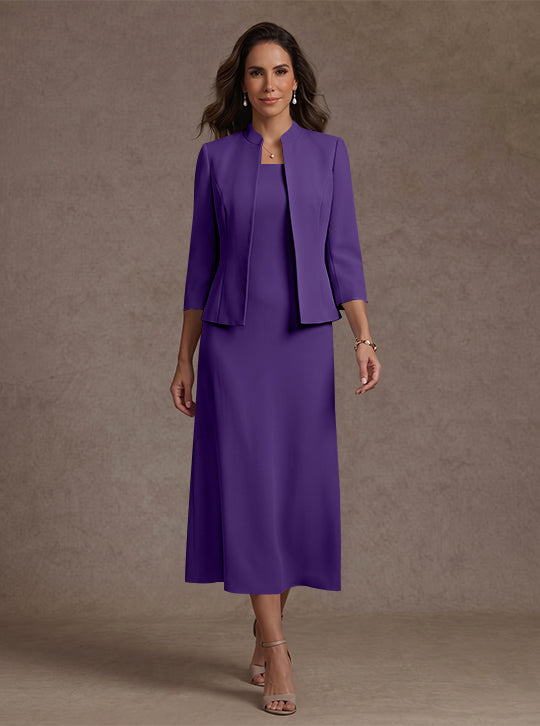 Robe Mère de la Mariée, 2 Pièces, Gaine/Colonne, Col Carré, Satin Élastique, Manches 3/4, Longueur du Thé