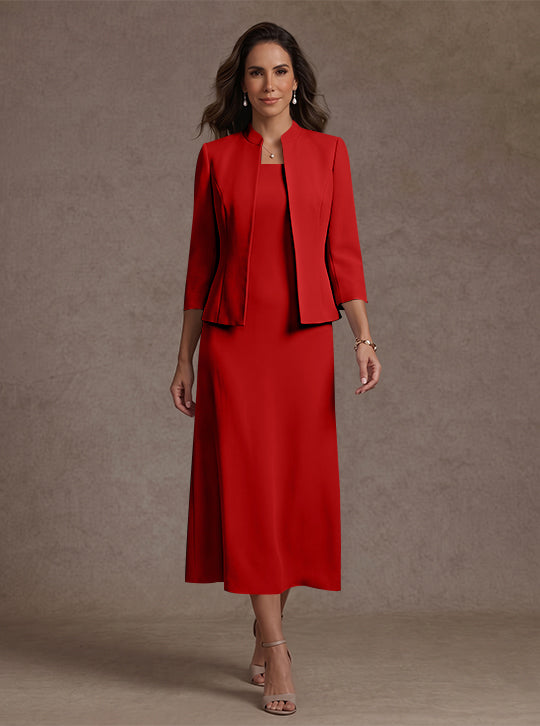 Robe Mère de la Mariée, 2 Pièces, Gaine/Colonne, Col Carré, Satin Élastique, Manches 3/4, Longueur du Thé