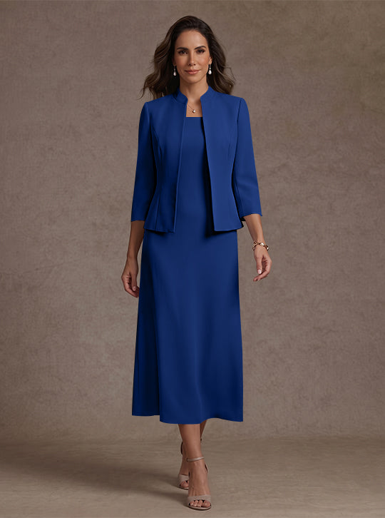 Robe Mère de la Mariée, 2 Pièces, Gaine/Colonne, Col Carré, Satin Élastique, Manches 3/4, Longueur du Thé