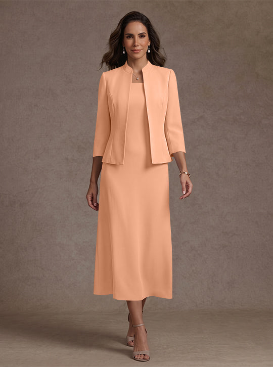 Robe Mère de la Mariée, 2 Pièces, Gaine/Colonne, Col Carré, Satin Élastique, Manches 3/4, Longueur du Thé