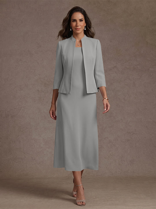 Robe Mère de la Mariée, 2 Pièces, Gaine/Colonne, Col Carré, Satin Élastique, Manches 3/4, Longueur du Thé