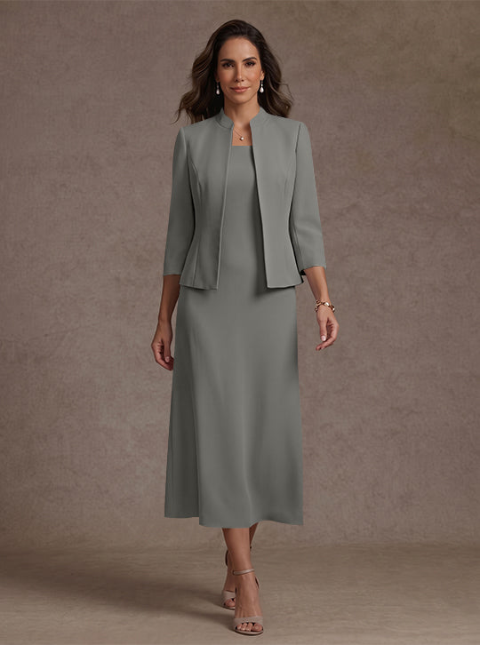 Robe Mère de la Mariée, 2 Pièces, Gaine/Colonne, Col Carré, Satin Élastique, Manches 3/4, Longueur du Thé
