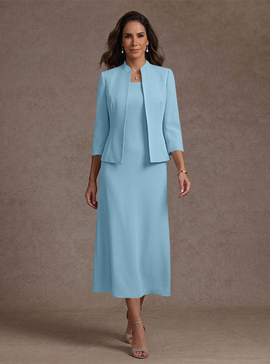 Robe Mère de la Mariée, 2 Pièces, Gaine/Colonne, Col Carré, Satin Élastique, Manches 3/4, Longueur du Thé
