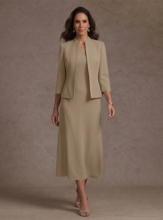 Robe Mère de la Mariée, 2 Pièces, Gaine/Colonne, Col Carré, Satin Élastique, Manches 3/4, Longueur du Thé