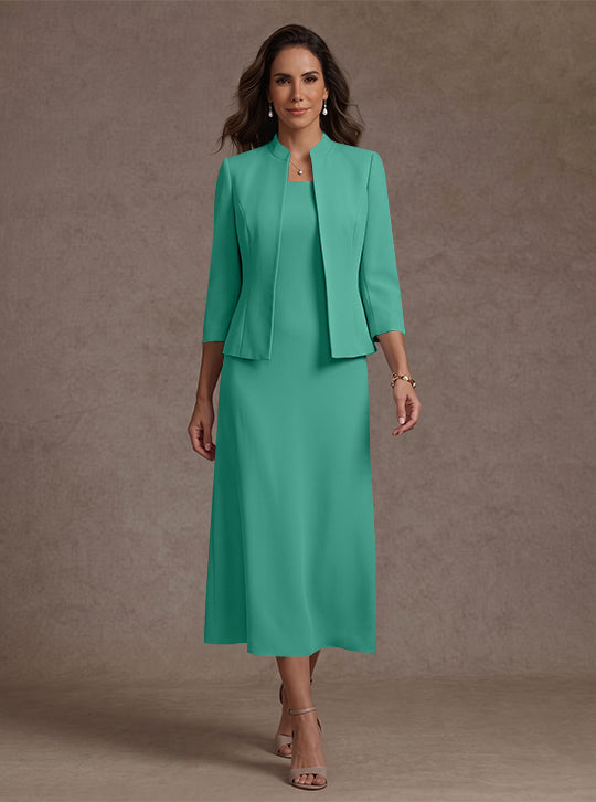 Robe Mère de la Mariée, 2 Pièces, Gaine/Colonne, Col Carré, Satin Élastique, Manches 3/4, Longueur du Thé