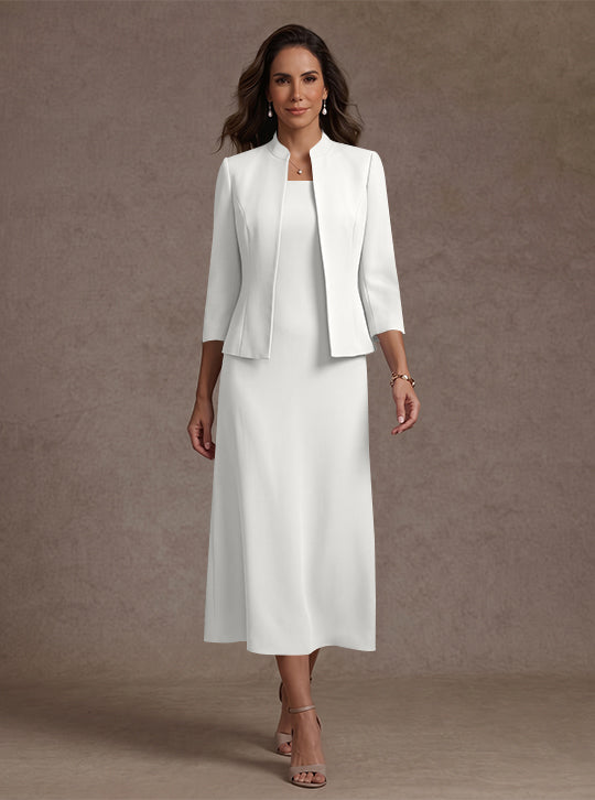 Robe Mère de la Mariée, 2 Pièces, Gaine/Colonne, Col Carré, Satin Élastique, Manches 3/4, Longueur du Thé