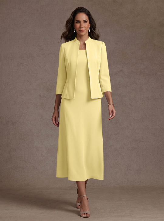 Robe Mère de la Mariée, 2 Pièces, Gaine/Colonne, Col Carré, Satin Élastique, Manches 3/4, Longueur du Thé