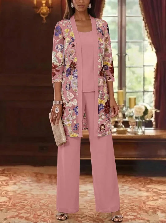 Robe Mère de la Mariée, 3 Pièces, Col Rond, Mousseline, 3/4 Manches, Longueur de la Cheville
