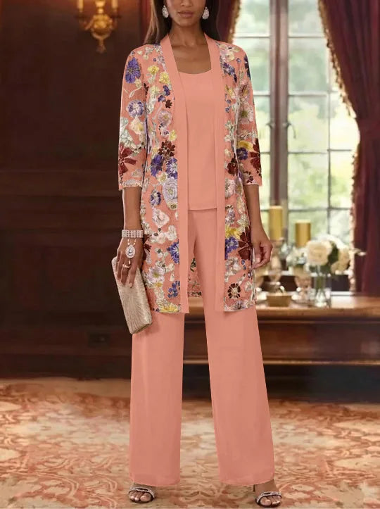 Robe Mère de la Mariée, 3 Pièces, Col Rond, Mousseline, 3/4 Manches, Longueur de la Cheville