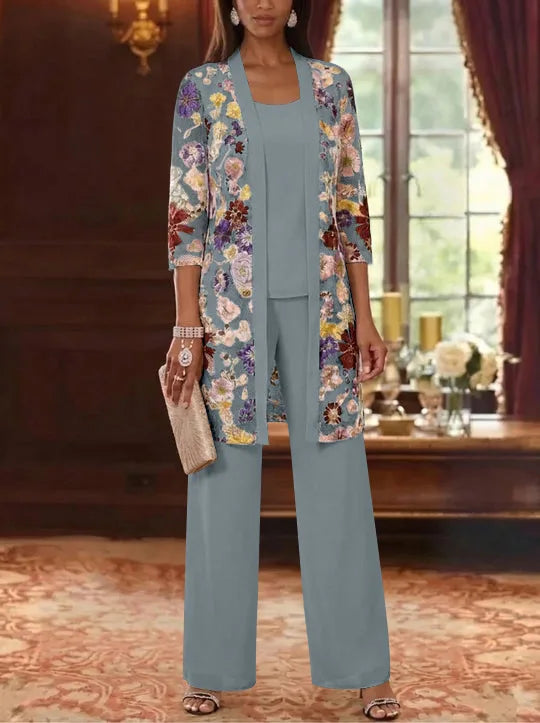 Robe Mère de la Mariée, 3 Pièces, Col Rond, Mousseline, 3/4 Manches, Longueur de la Cheville
