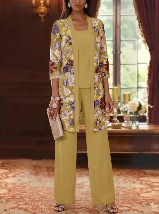 Robe Mère de la Mariée, 3 Pièces, Col Rond, Mousseline, 3/4 Manches, Longueur de la Cheville