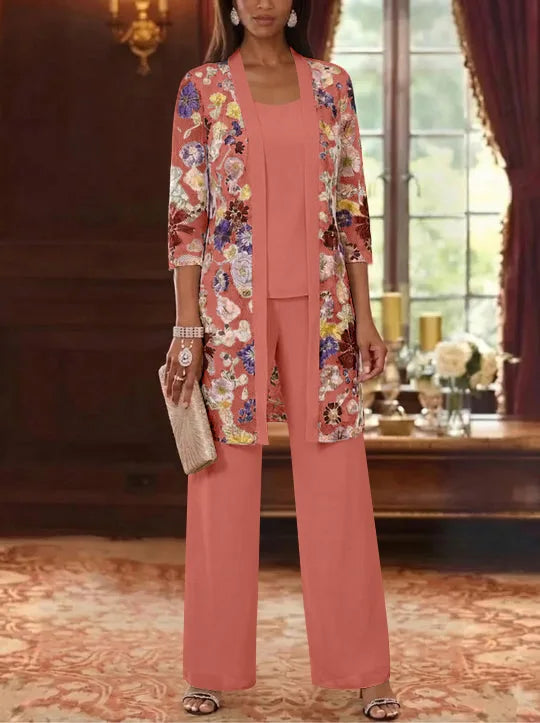 Robe Mère de la Mariée, 3 Pièces, Col Rond, Mousseline, 3/4 Manches, Longueur de la Cheville
