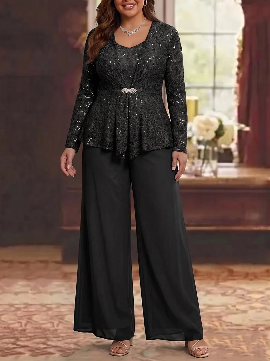 3 Pièces Tailleur Pantalon Mère de la Mariée en Mousseline, Grande Taille, Col Rond, Manches Longues, Longueur Cheville, avec Veste en Dentelle
