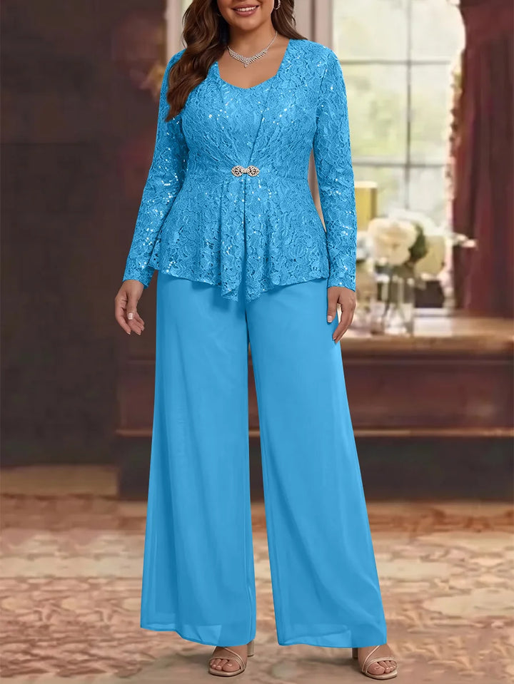 3 Pièces Tailleur Pantalon Mère de la Mariée en Mousseline, Grande Taille, Col Rond, Manches Longues, Longueur Cheville, avec Veste en Dentelle