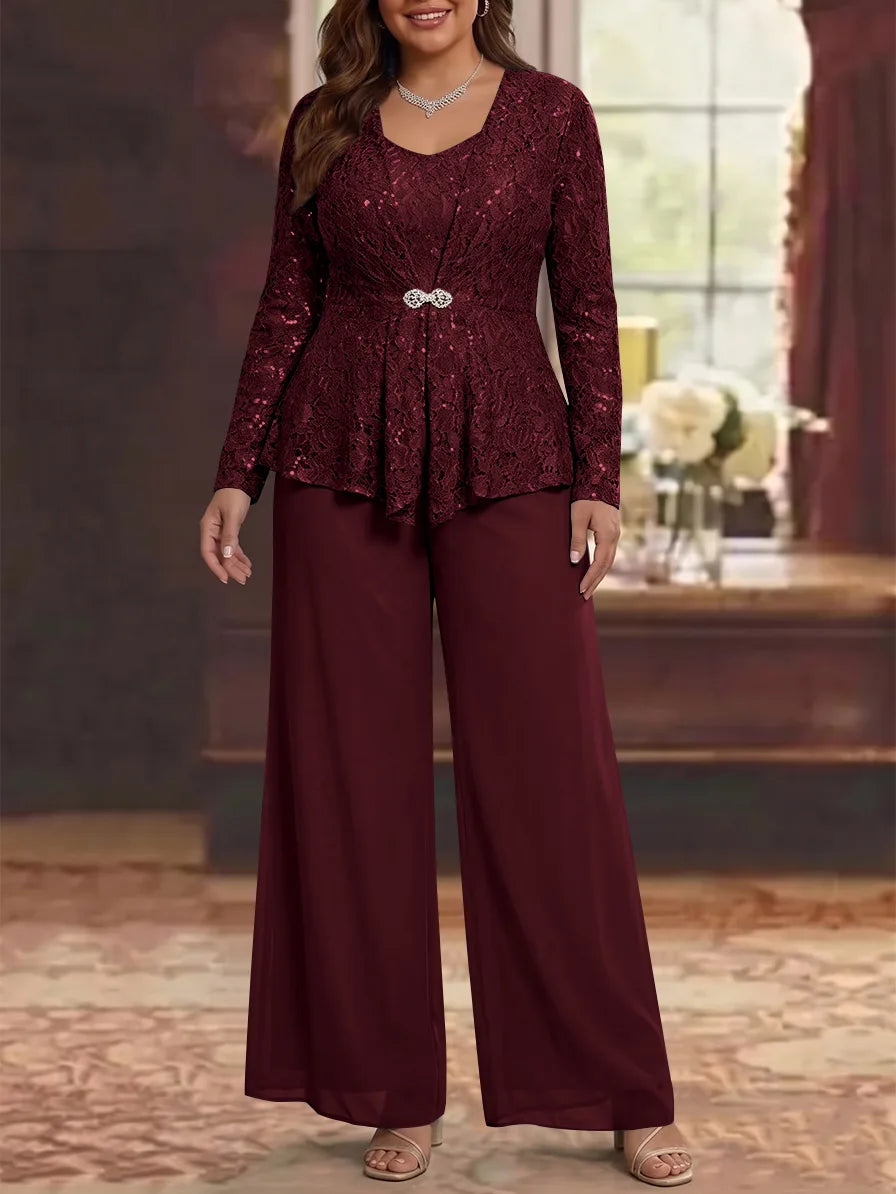 3 Pièces Tailleur Pantalon Mère de la Mariée en Mousseline, Grande Taille, Col Rond, Manches Longues, Longueur Cheville, avec Veste en Dentelle