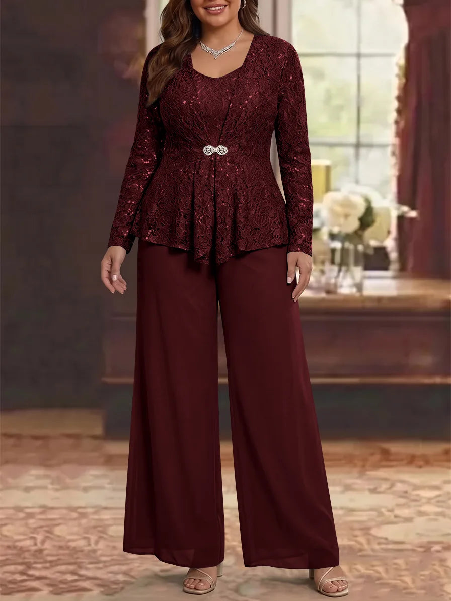3 Pièces Tailleur Pantalon Mère de la Mariée en Mousseline, Grande Taille, Col Rond, Manches Longues, Longueur Cheville, avec Veste en Dentelle