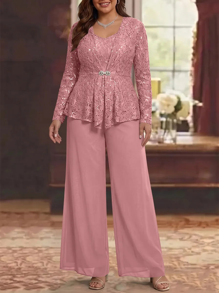 3 Pièces Tailleur Pantalon Mère de la Mariée en Mousseline, Grande Taille, Col Rond, Manches Longues, Longueur Cheville, avec Veste en Dentelle