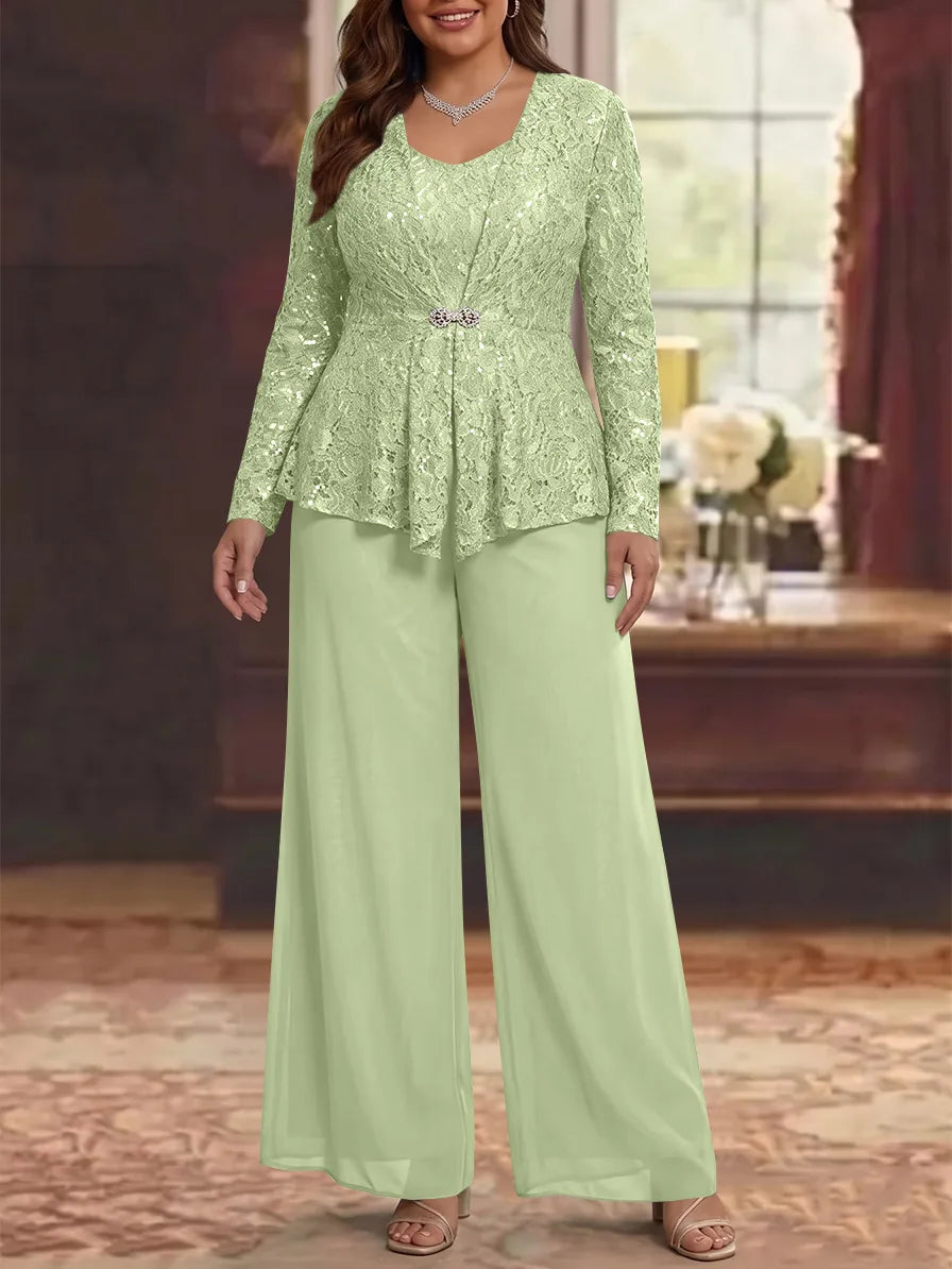 3 Pièces Tailleur Pantalon Mère de la Mariée en Mousseline, Grande Taille, Col Rond, Manches Longues, Longueur Cheville, avec Veste en Dentelle