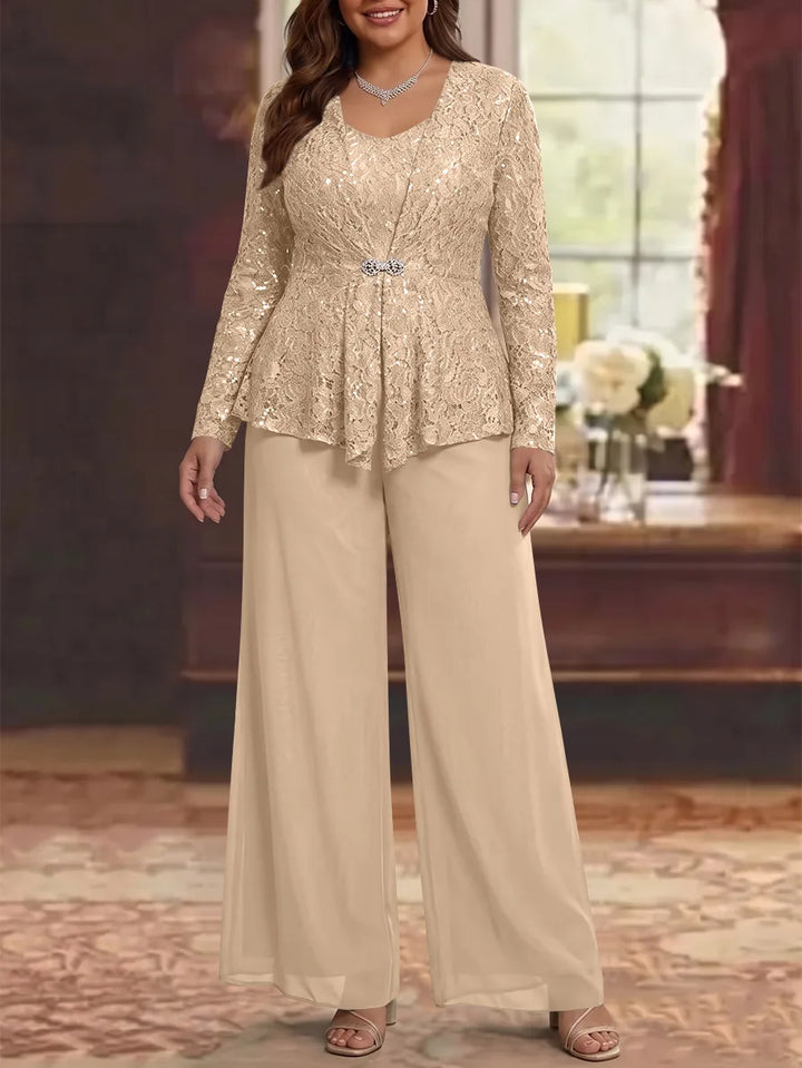3 Pièces Tailleur Pantalon Mère de la Mariée en Mousseline, Grande Taille, Col Rond, Manches Longues, Longueur Cheville, avec Veste en Dentelle