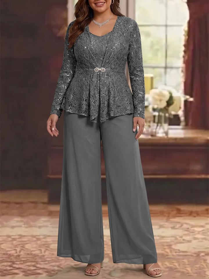 3 Pièces Tailleur Pantalon Mère de la Mariée en Mousseline, Grande Taille, Col Rond, Manches Longues, Longueur Cheville, avec Veste en Dentelle
