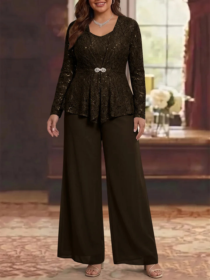 3 Pièces Tailleur Pantalon Mère de la Mariée en Mousseline, Grande Taille, Col Rond, Manches Longues, Longueur Cheville, avec Veste en Dentelle