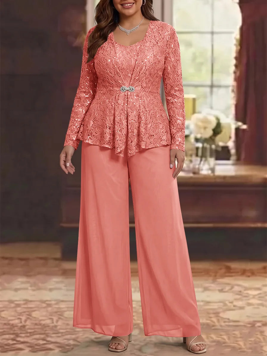 3 Pièces Tailleur Pantalon Mère de la Mariée en Mousseline, Grande Taille, Col Rond, Manches Longues, Longueur Cheville, avec Veste en Dentelle