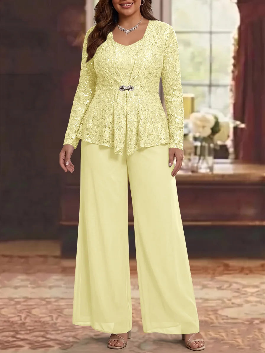 3 Pièces Tailleur Pantalon Mère de la Mariée en Mousseline, Grande Taille, Col Rond, Manches Longues, Longueur Cheville, avec Veste en Dentelle